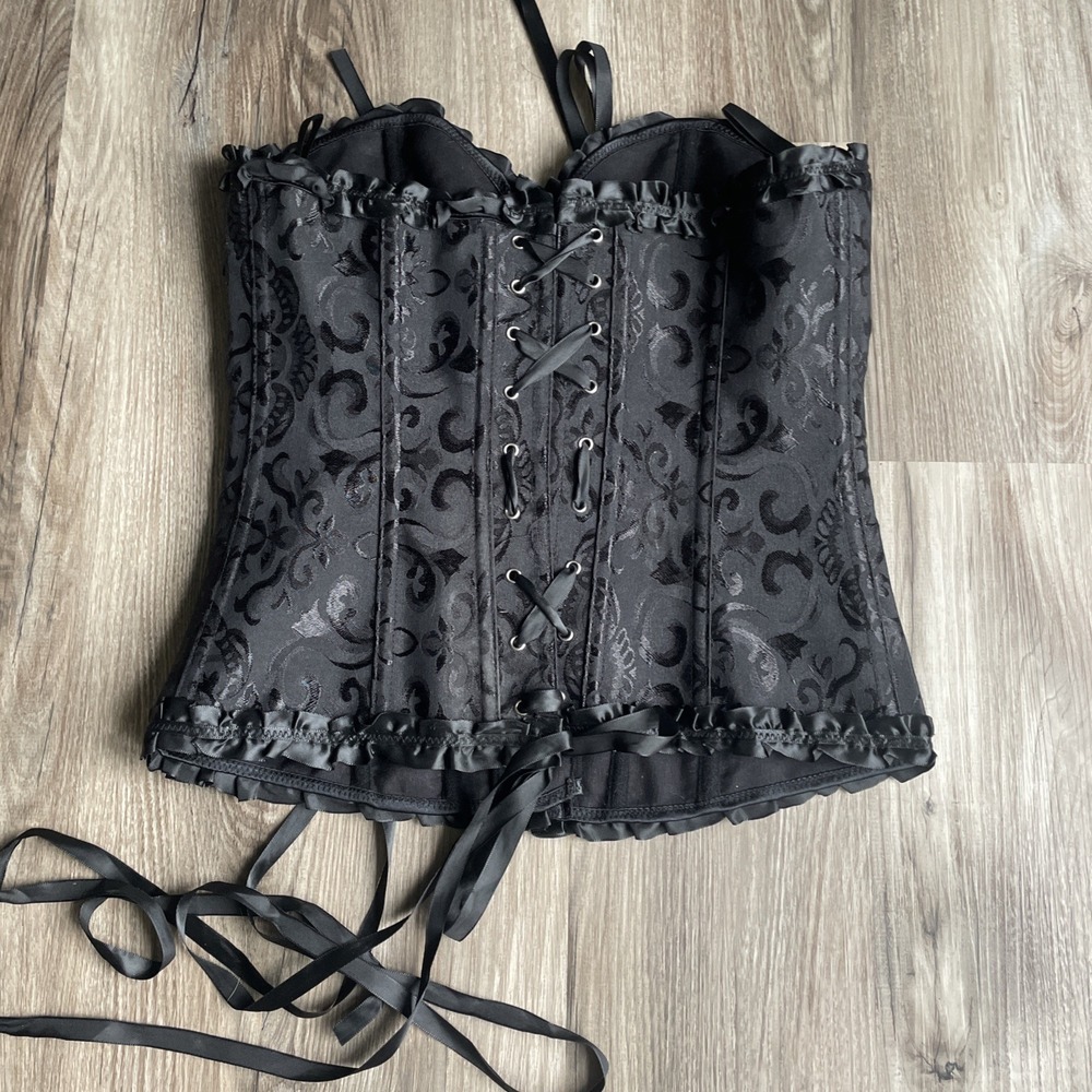 Black Damask Jacquard Corset Bustier Top Lace Up Back Ruffle Trim Size Large - Picture 3 of 7